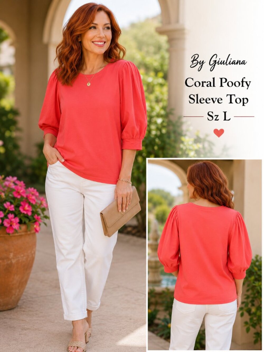 🌺 By Giuliana Coral Poofy Sleeve Top | Size Large (L) | Chic & Feminine 🌺